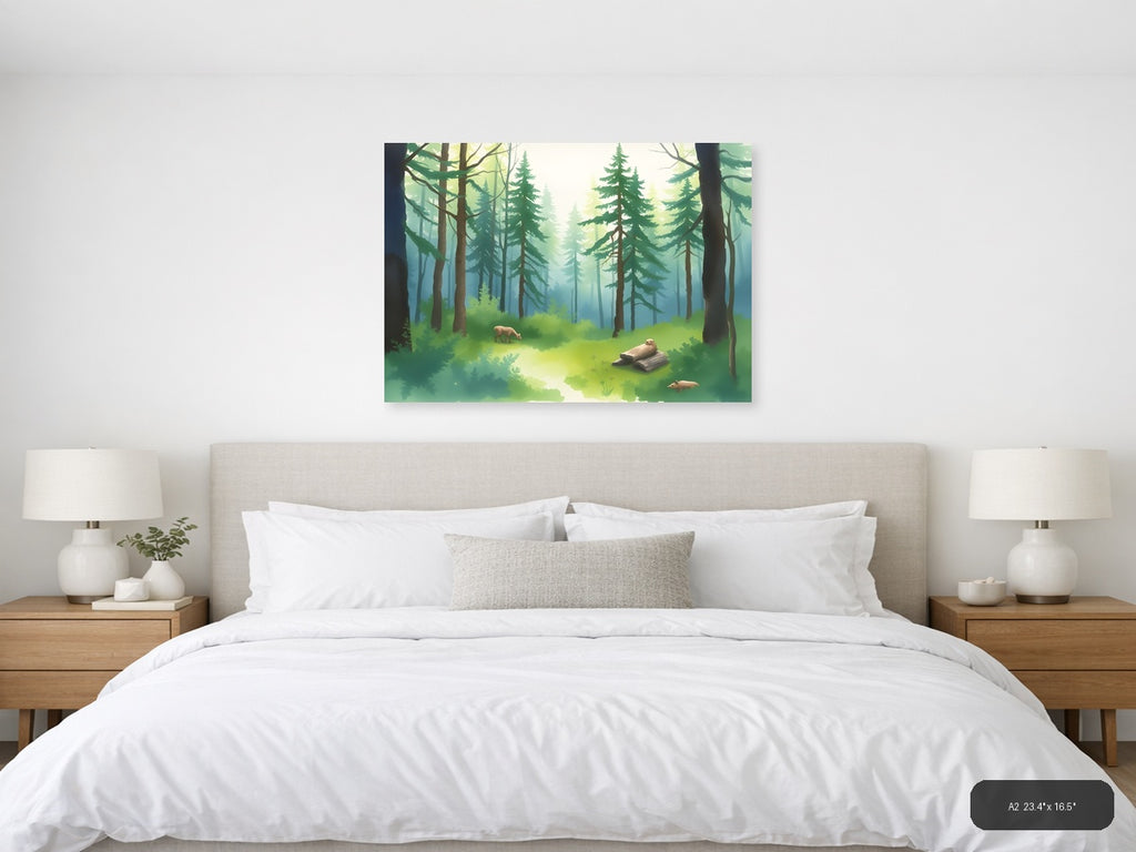 Misty Forest Stream with Wildlife Watercolor Wall Art — A2 / Bedroom