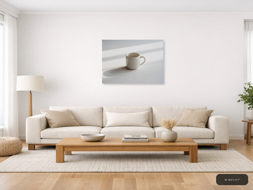 Minimalist White Mug Shadow Study Wall Art — A3 / Living Room