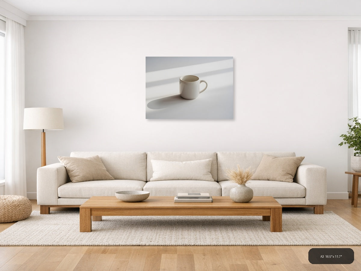 Minimalist White Mug Shadow Study Wall Art — A3 / Living Room