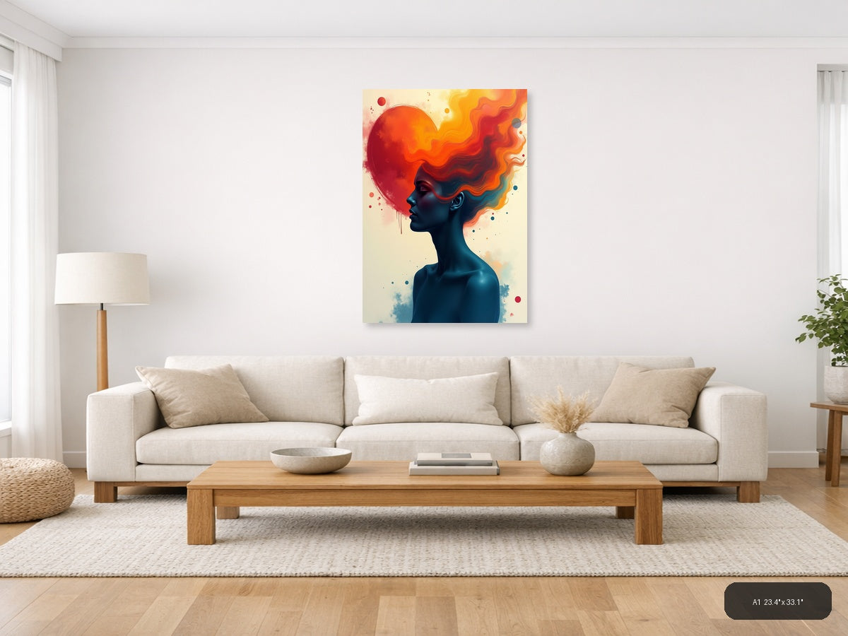 Abstract Silhouette with Flowing Fire Hair Wall Art — A1 / Living Room