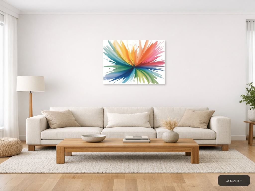 Rainbow Watercolor Burst Abstract Splash Wall Art — A3 / Living Room
