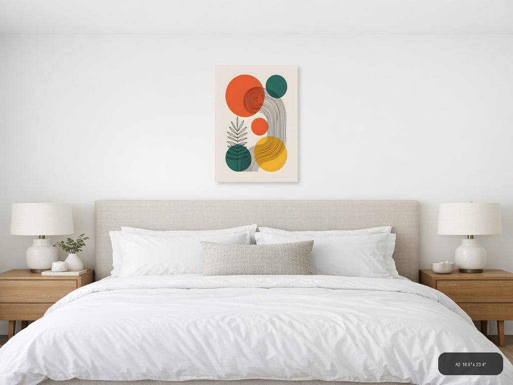 Abstract Line Art with Geometric Circles and Plants Wall Art — A2 / Bedroom