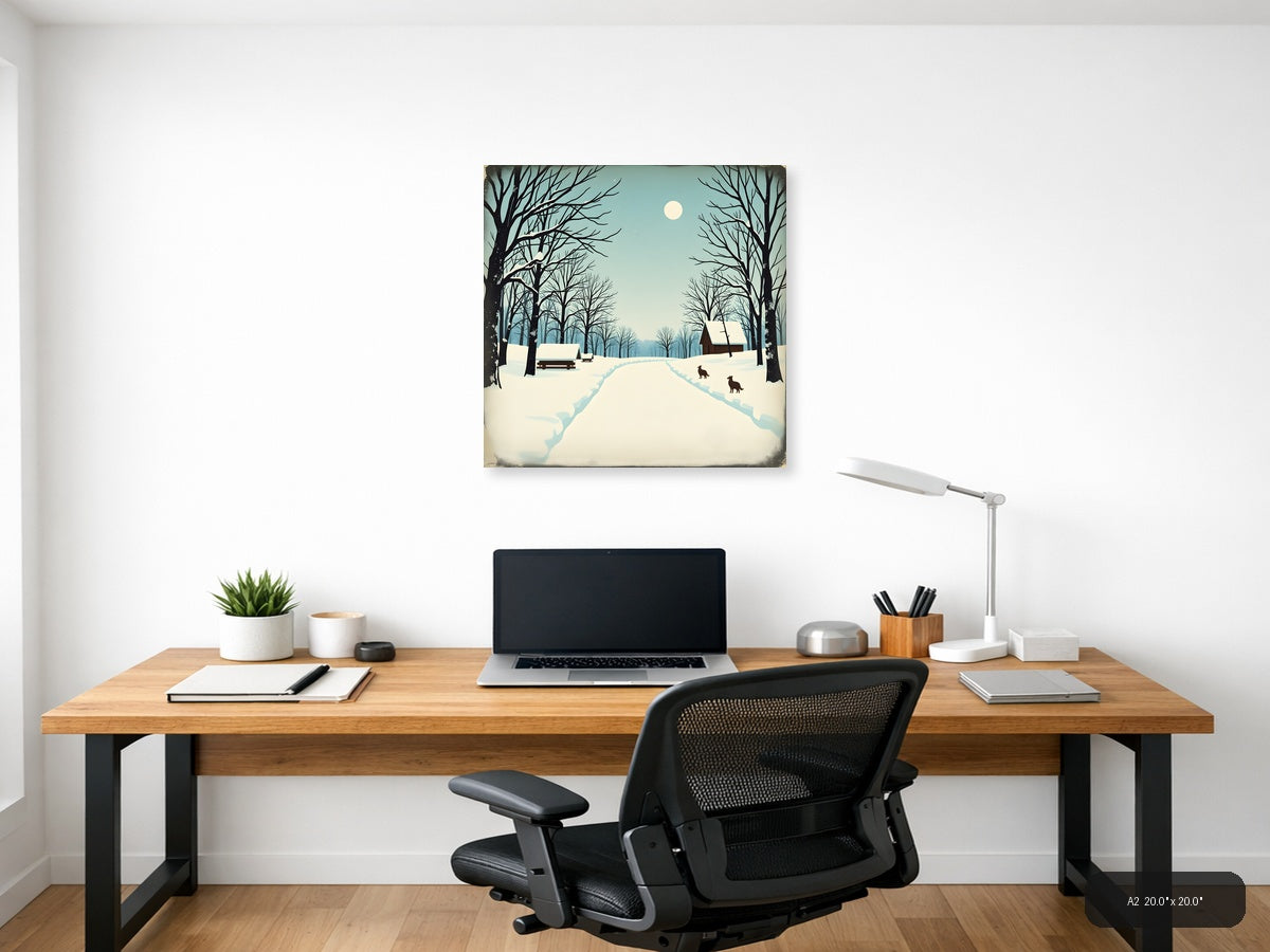 Vintage Winter Landscape with Cabin and Moon Wall Art — A2 / Office