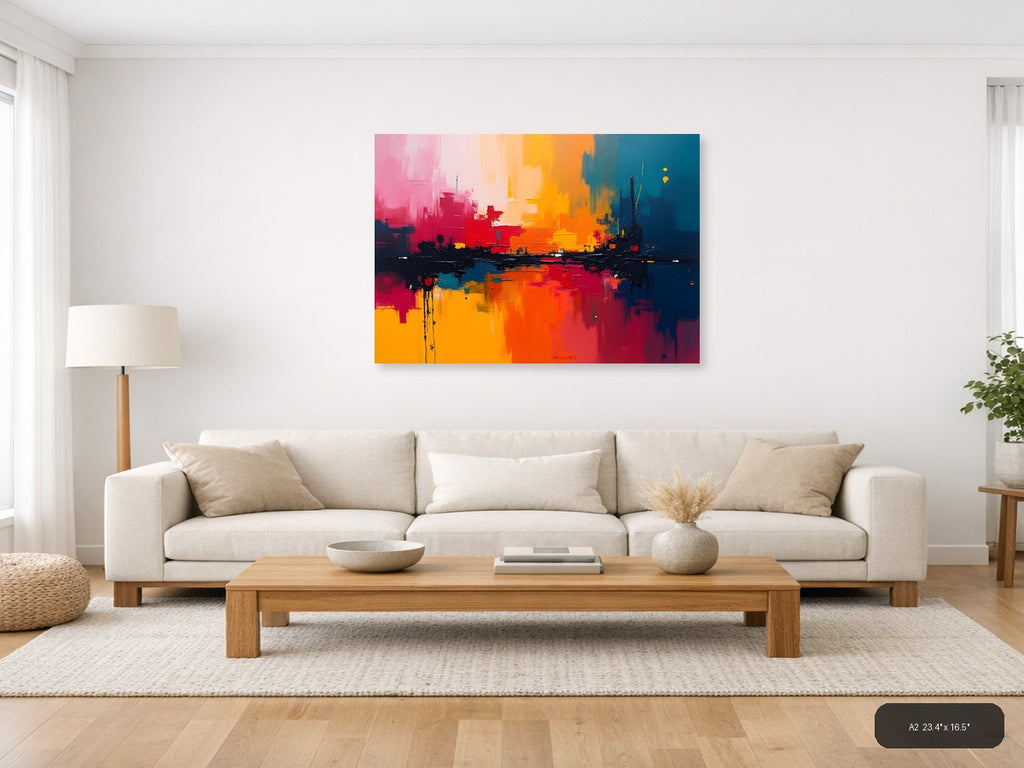 Vibrant Abstract Cityscape Sunset Reflection Wall Art — A2 / Living Room