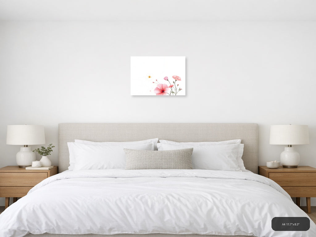 Pink Carnations & Sun Minimalist Floral Wall Art — A4 / Bedroom