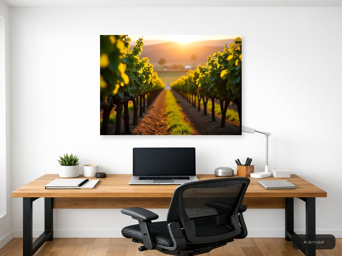Golden Sunset Vineyard Rows Photography Wall Art — A1 / Office