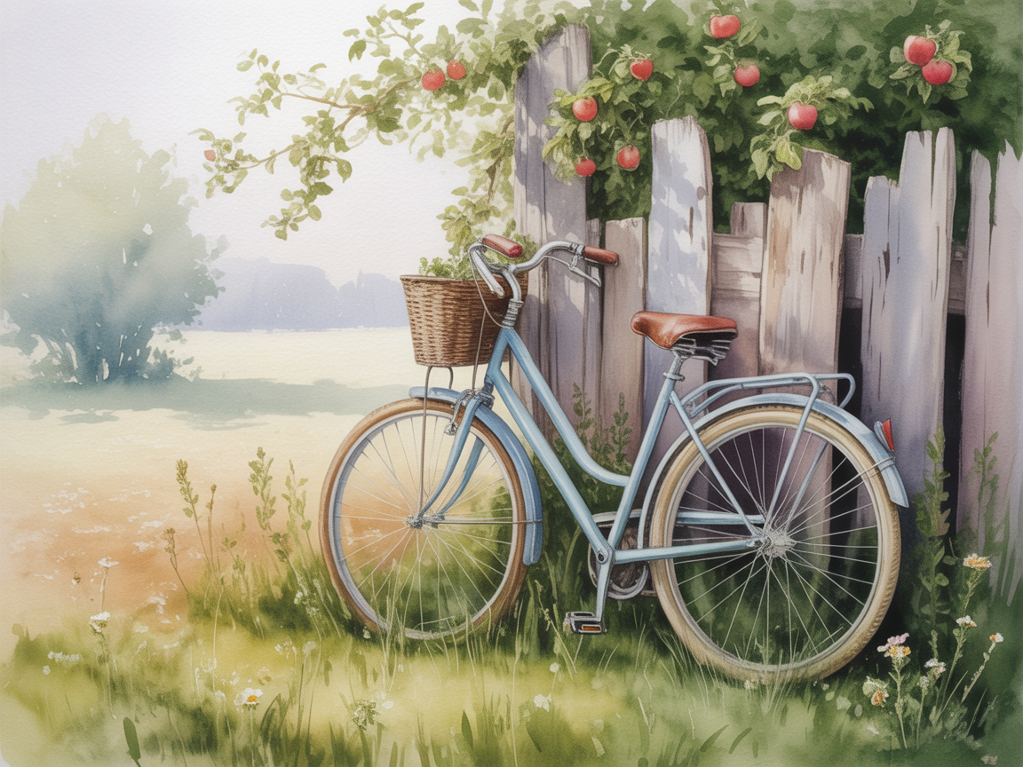 Vintage Bicycle by Wooden Fence - Watercolor Wall Art