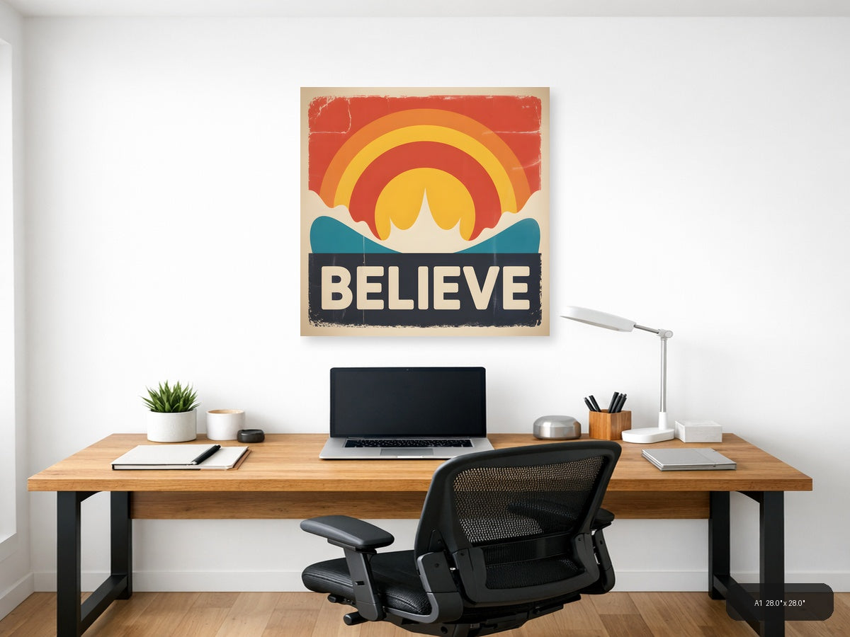 Vintage Sunset Ocean Believe Retro Wall Art — A1 / Office