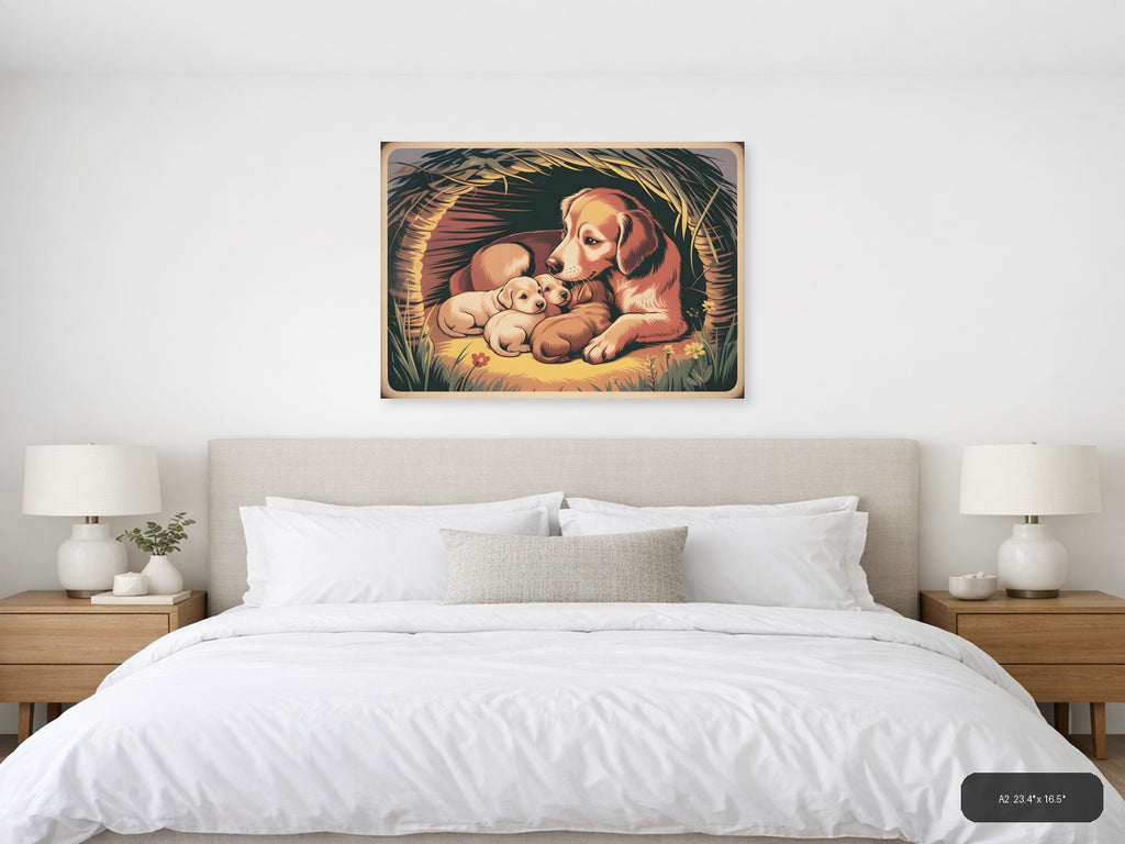 Vintage Mother Dog and Puppies Nest Wall Art — A2 / Bedroom