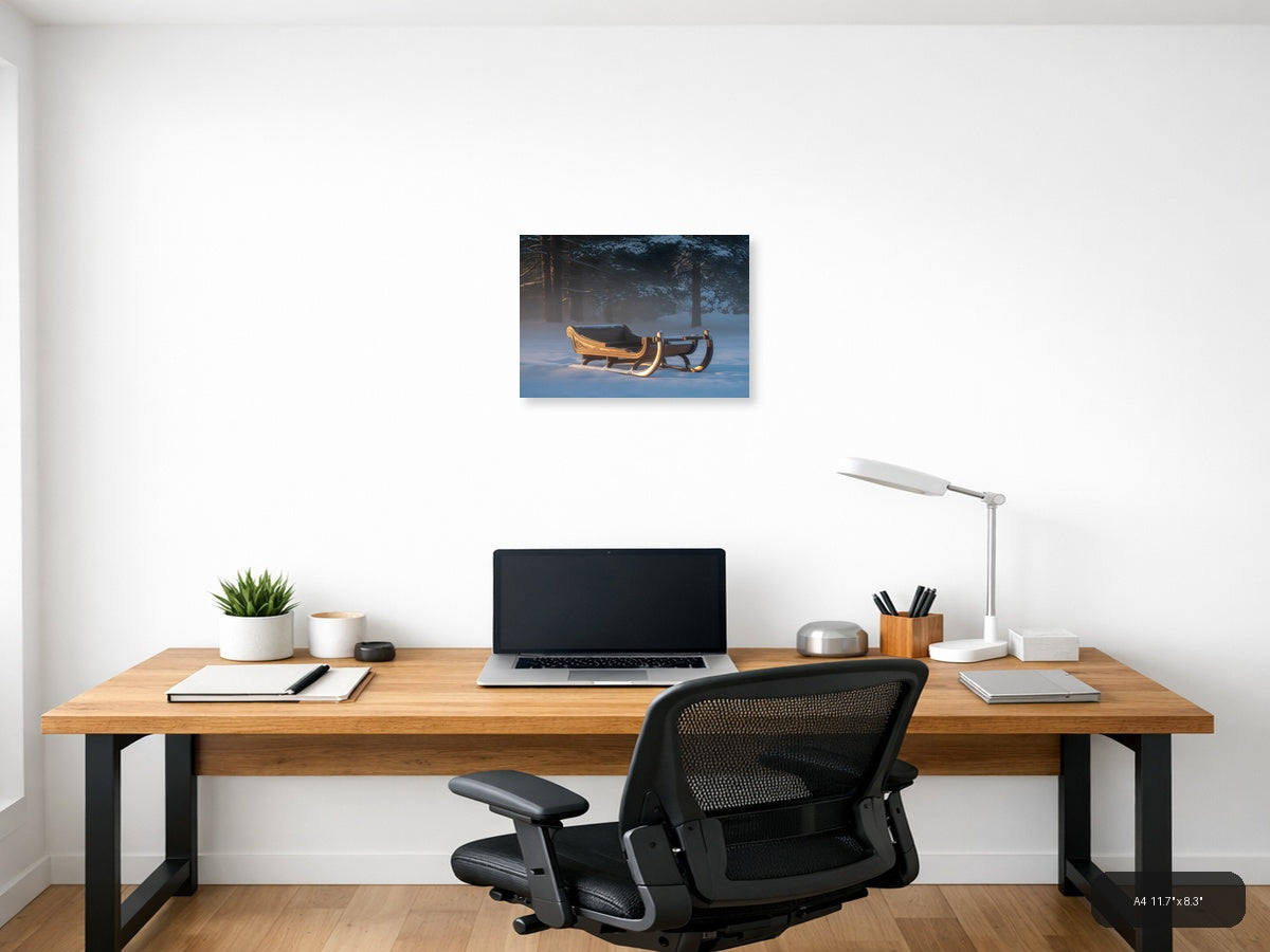 Golden Sleigh in Winter Forest Snow Photography Wall Art — A4 / Office