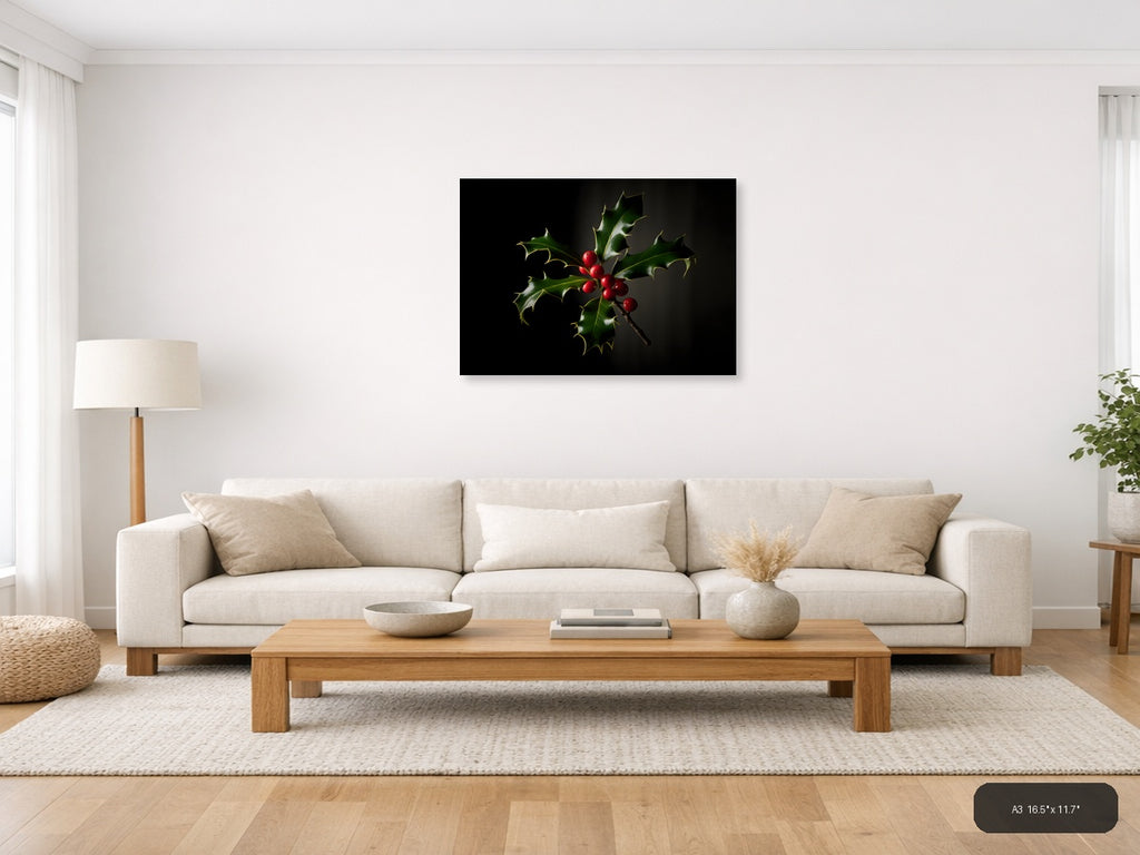 Holly Branch with Red Berries Photography Wall Art — A3 / Living Room