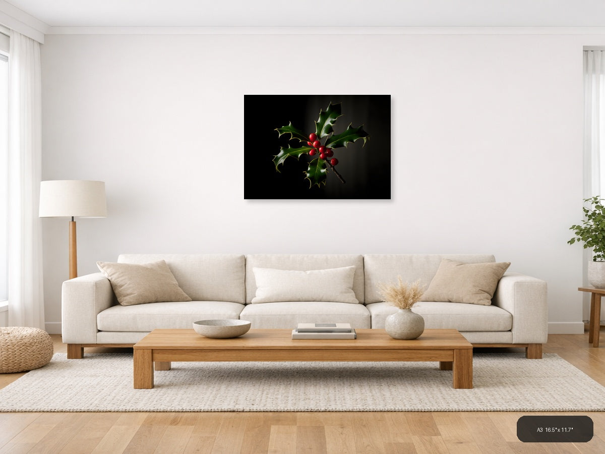 Holly Branch with Red Berries Photography Wall Art — A3 / Living Room