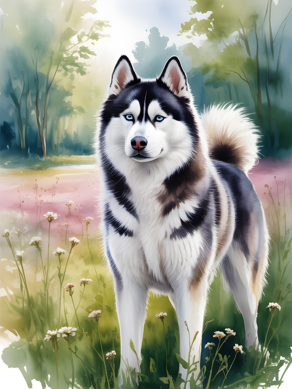 Husky Dog in Wildflower Meadow Watercolor Wall Art