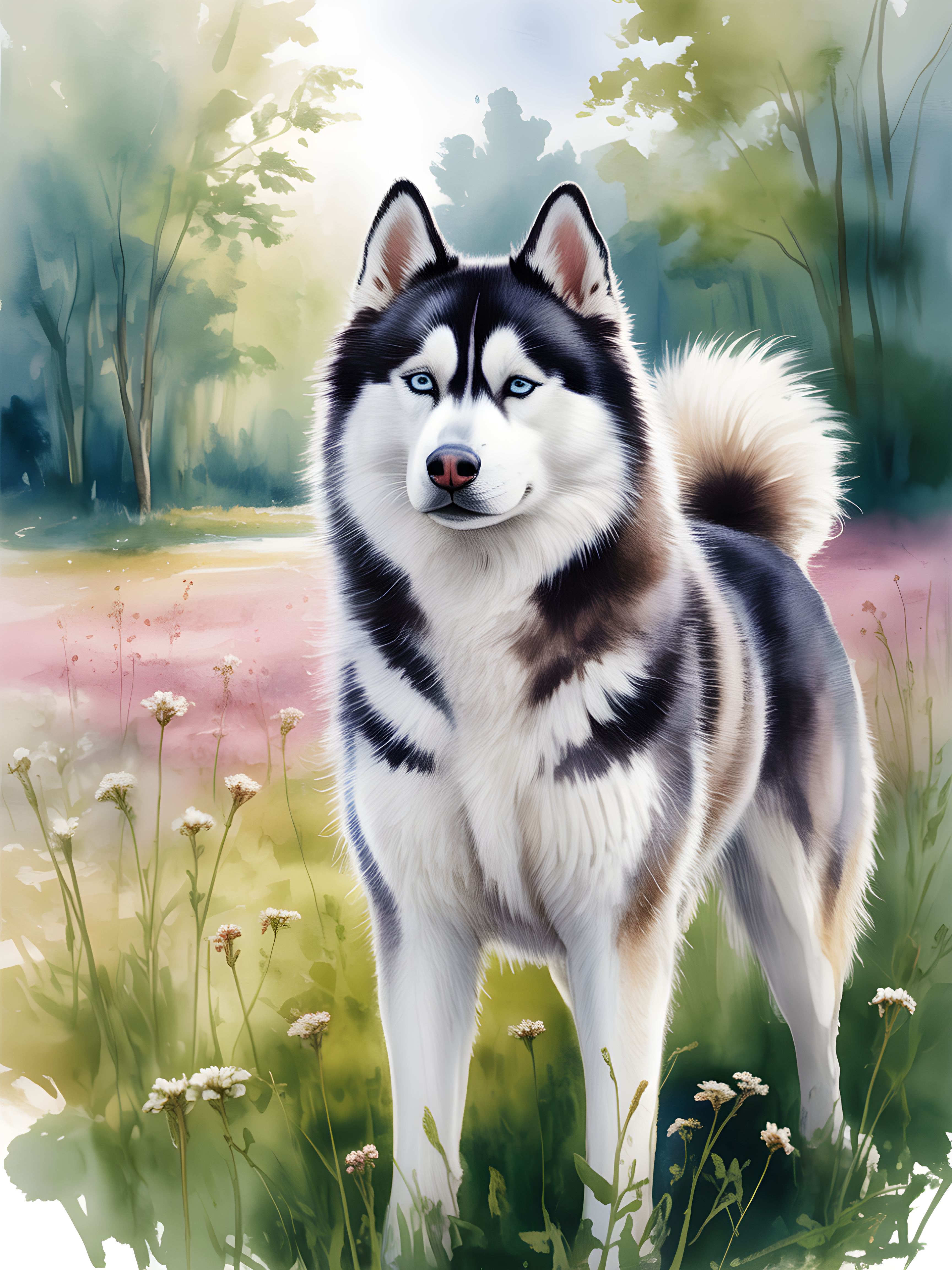Husky Dog in Wildflower Meadow Watercolor Wall Art