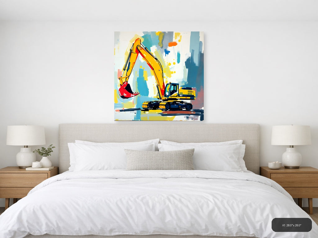 Yellow Excavator Abstract Construction Wall Art — A1 / Bedroom