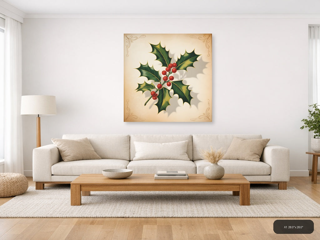 Holly Berries & Leaves Vintage Christmas Wall Art — A1 / Living Room