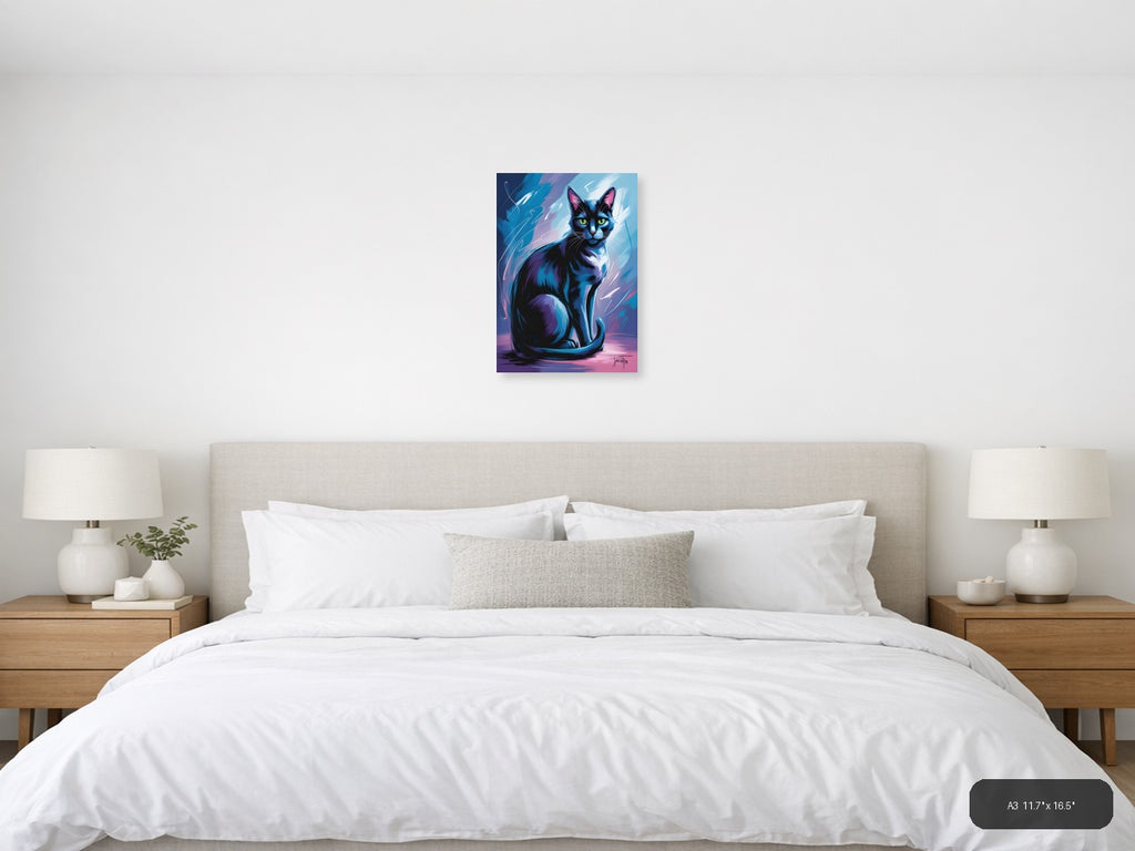 Abstract Blue Cat with Neon Eyes Portrait Wall Art — A3 / Bedroom