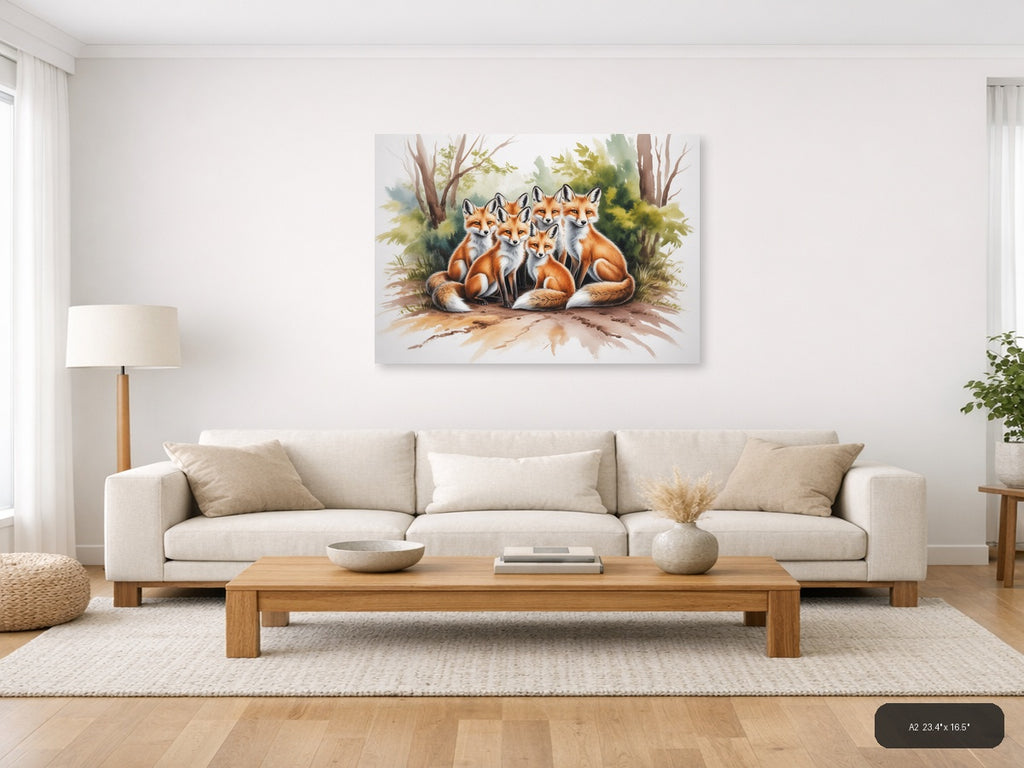 Fox Family Forest Watercolor Landscape Wall Art — A2 / Living Room