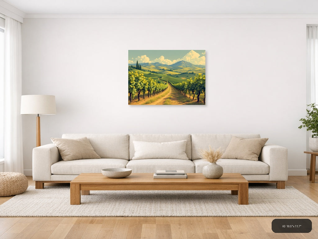 Vintage Tuscan Vineyard Landscape with Mountains Wall Art — A3 / Living Room