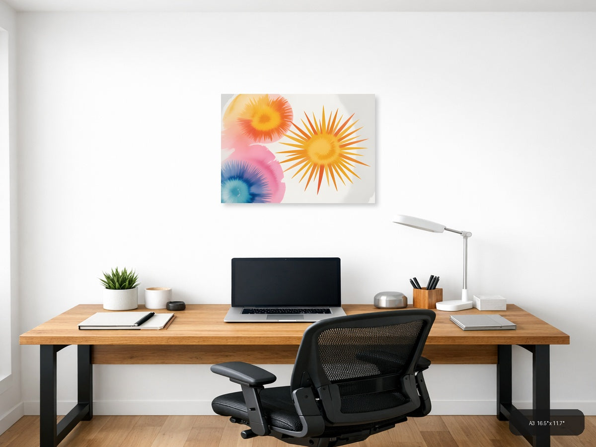 Watercolor Sunburst Flowers Abstract Wall Art — A3 / Office