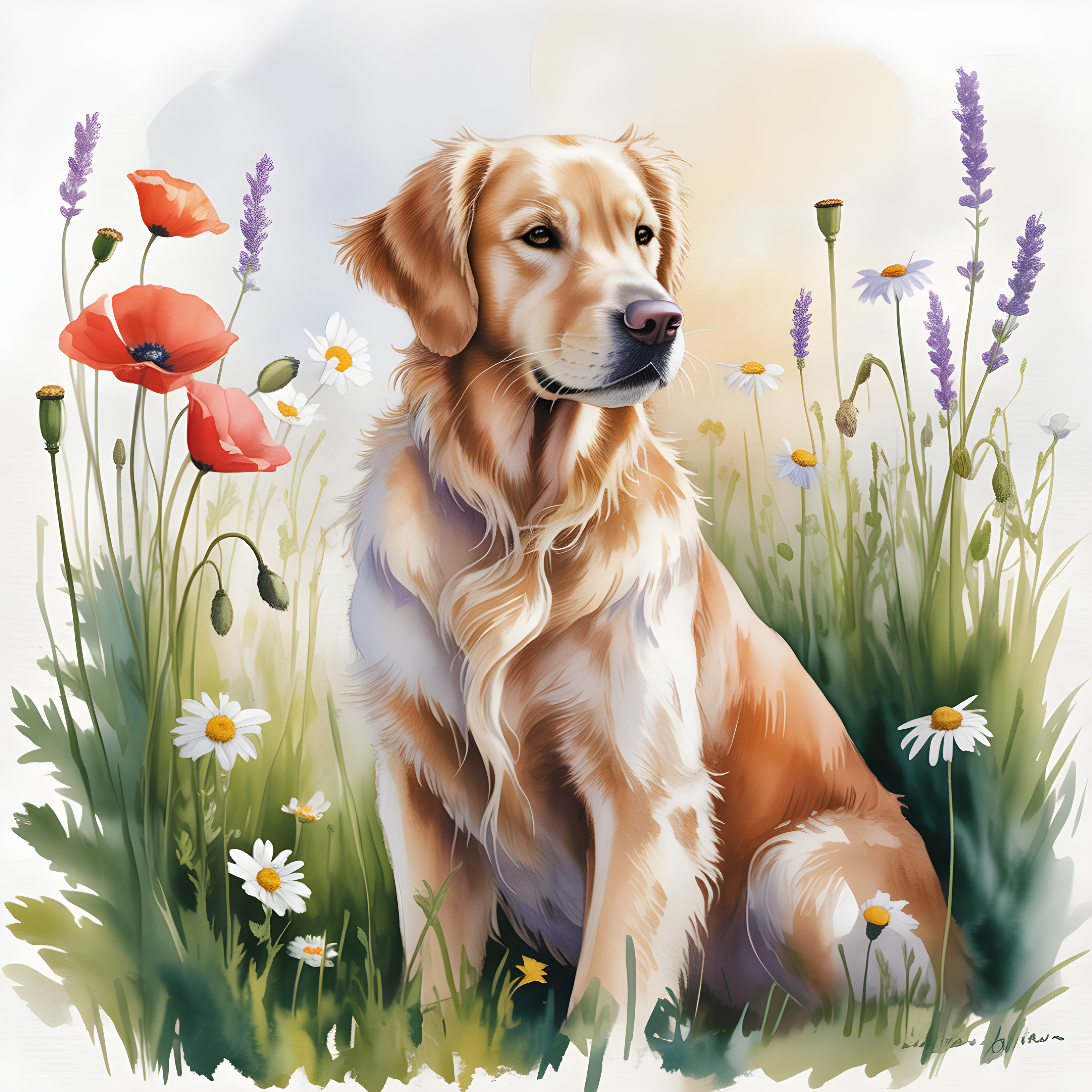 Golden Retriever in Wildflower Garden Watercolor Wall Art