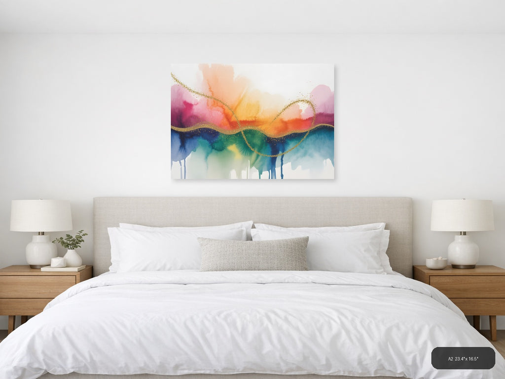 Rainbow Watercolor Landscape with Gold Wave Lines Wall Art — A2 / Bedroom