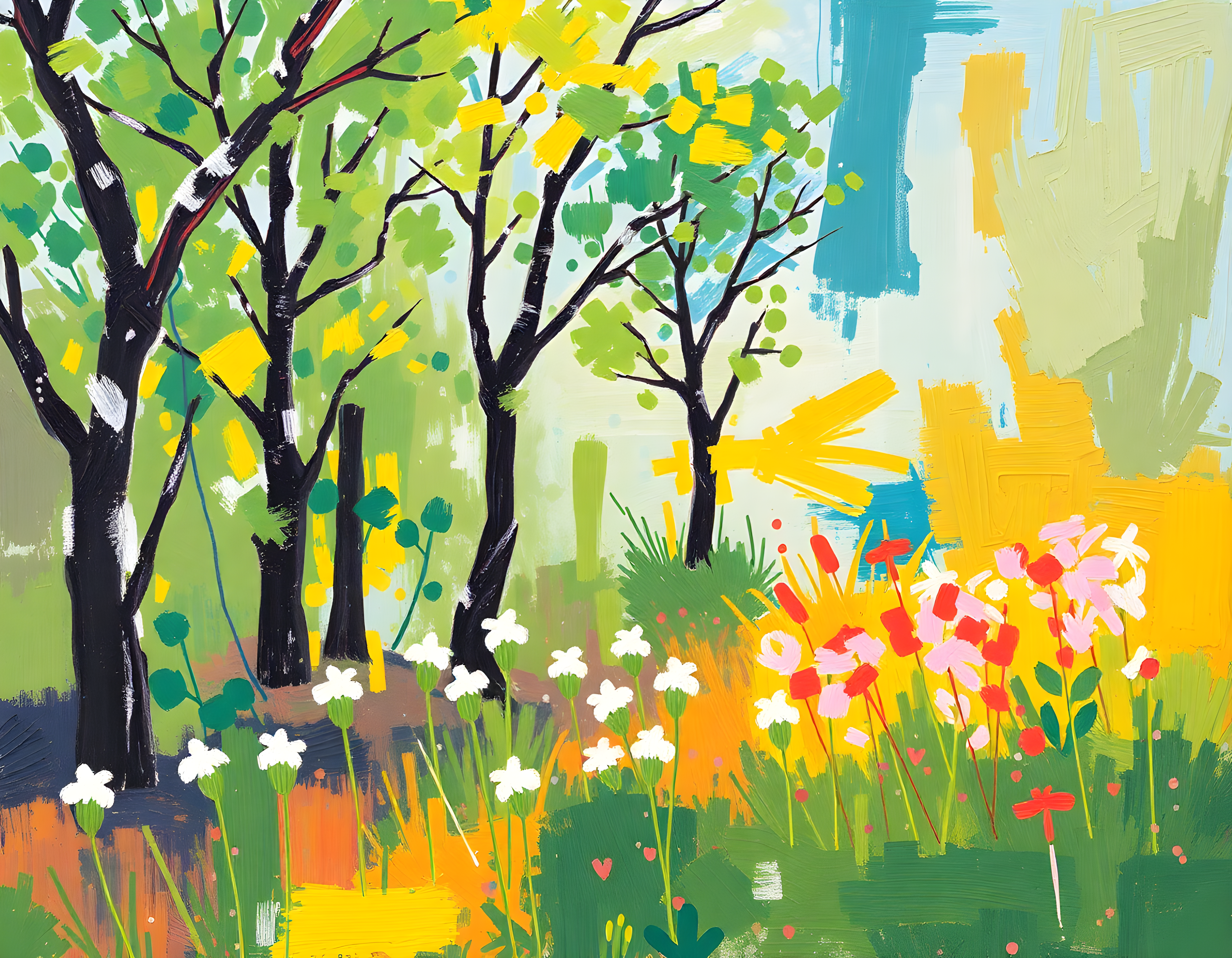 Spring Garden with Black Trees Abstract Wall Art