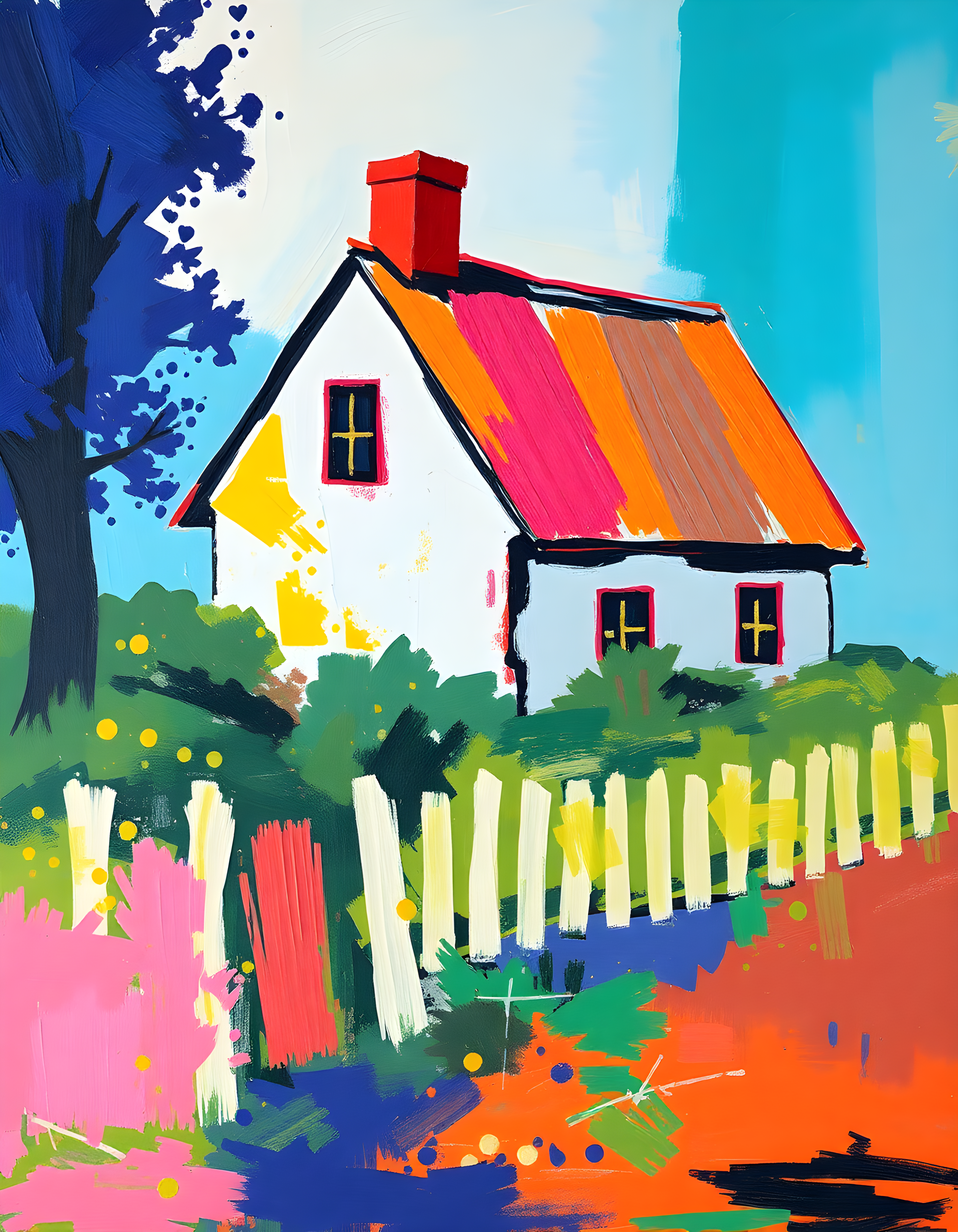 Colorful Abstract Cottage House Wall Art