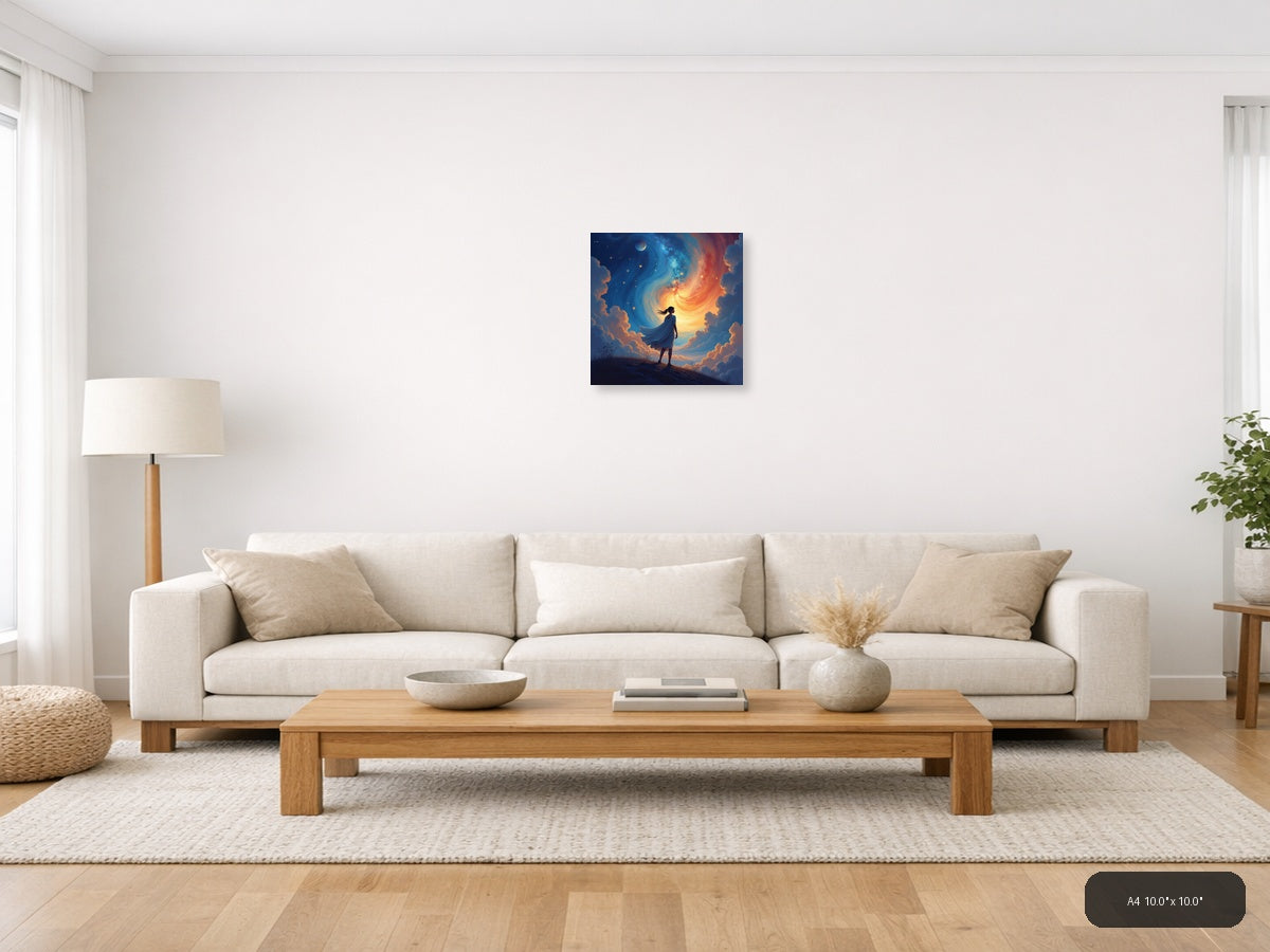 Woman Gazing at Cosmic Spiral Abstract Wall Art — A4 / Living Room