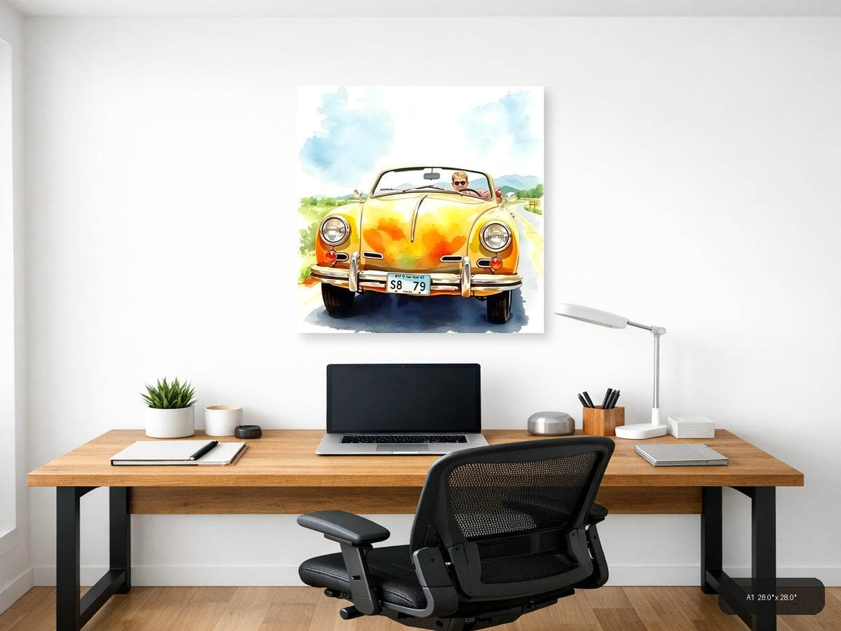 Yellow Convertible Car Watercolor Painting Wall Art — A1 / Office
