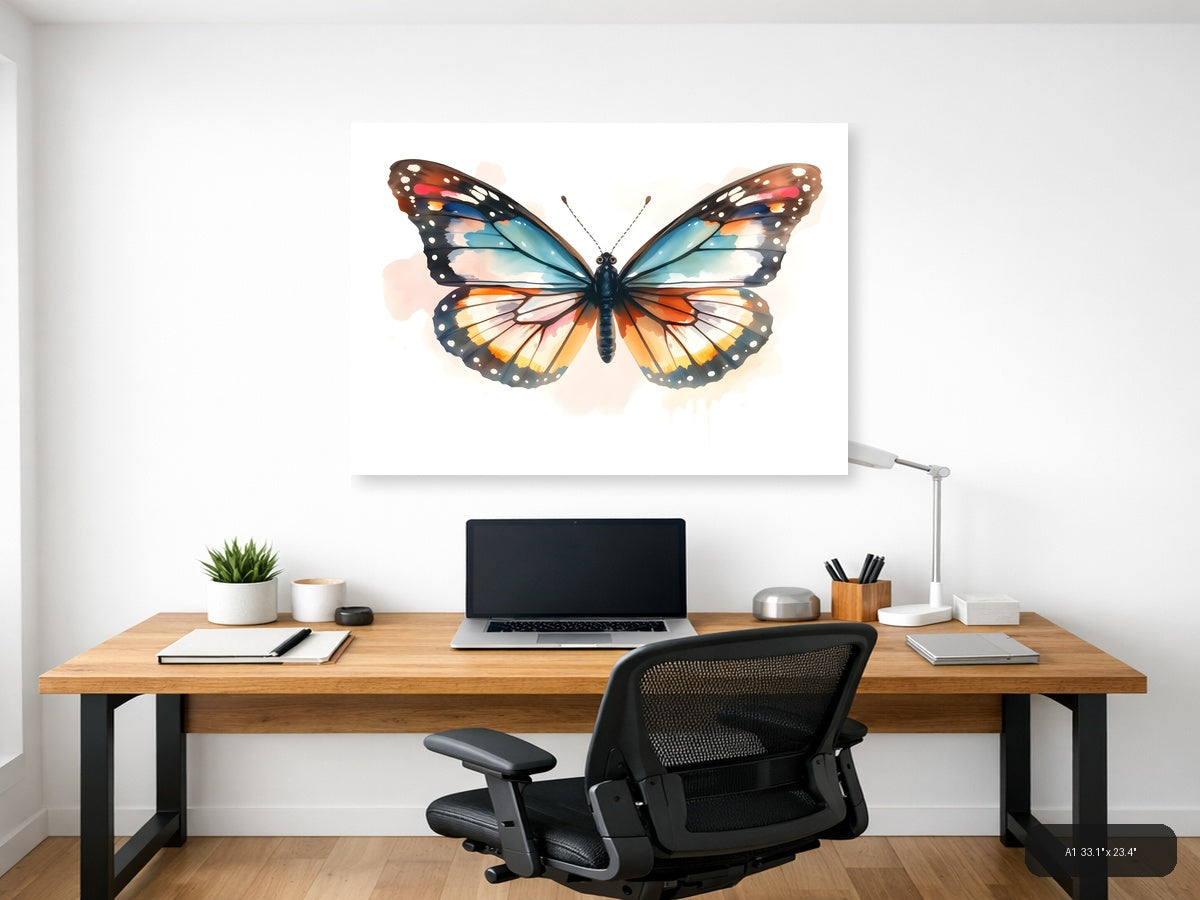 Watercolor Butterfly with Turquoise and Orange Wings Wall Art — A1 / Office