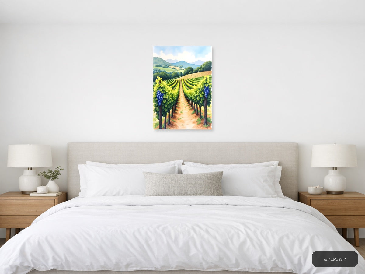 Vineyard Landscape Watercolor Wine Country Wall Art — A2 / Bedroom