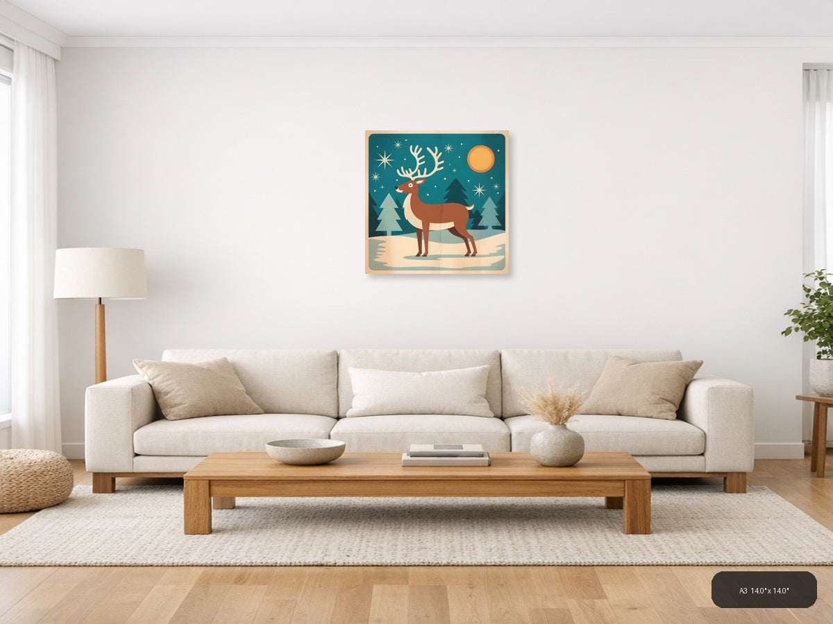 Vintage Reindeer Winter Night Sky Wall Art — A3 / Living Room