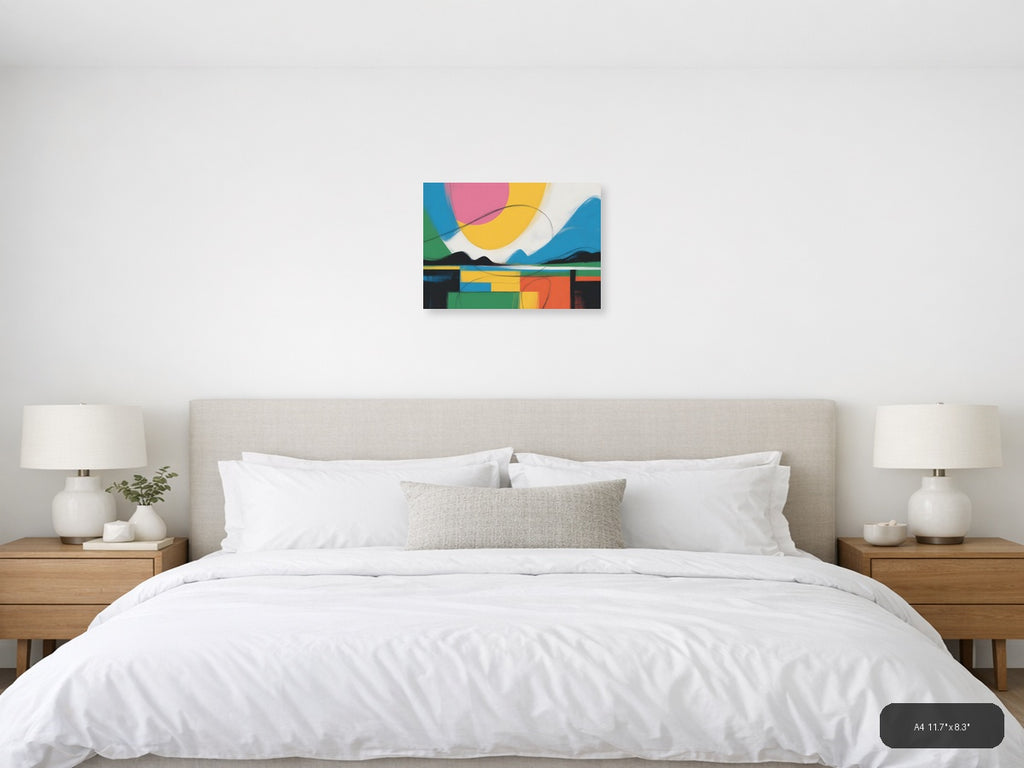 Colorful Abstract Landscape with Geometric Shapes Wall Art — A4 / Bedroom