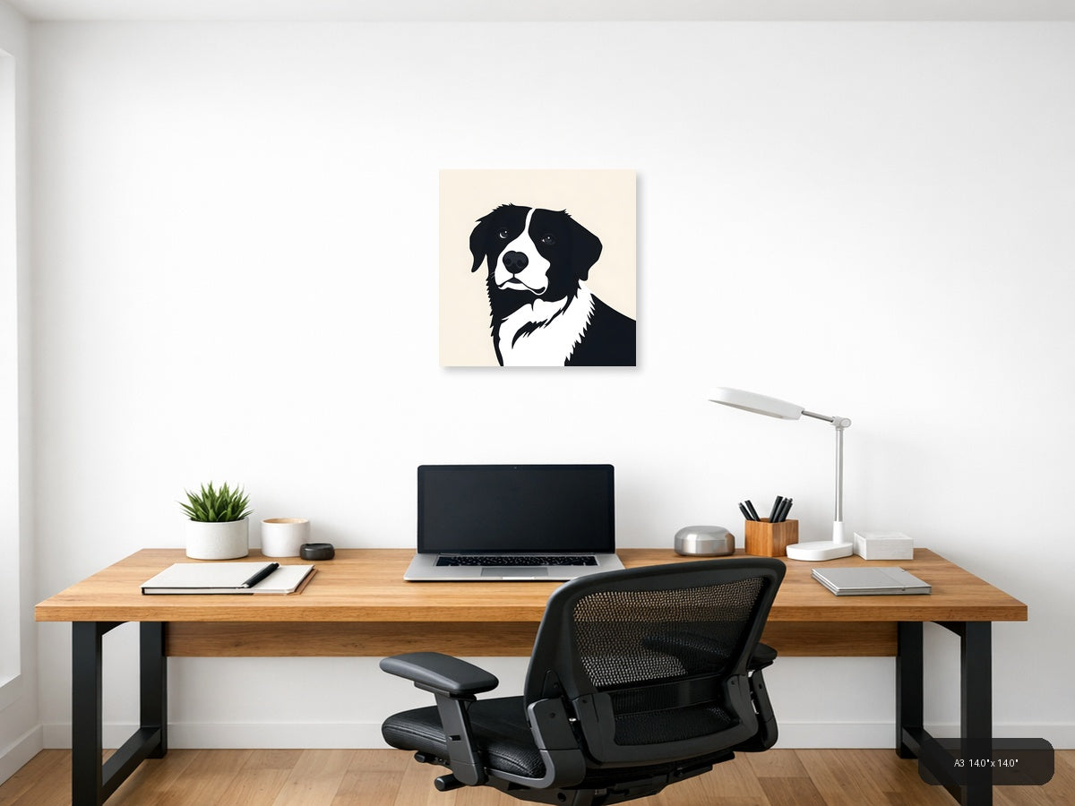Black and White Dog Portrait Minimalist Wall Art — A3 / Office