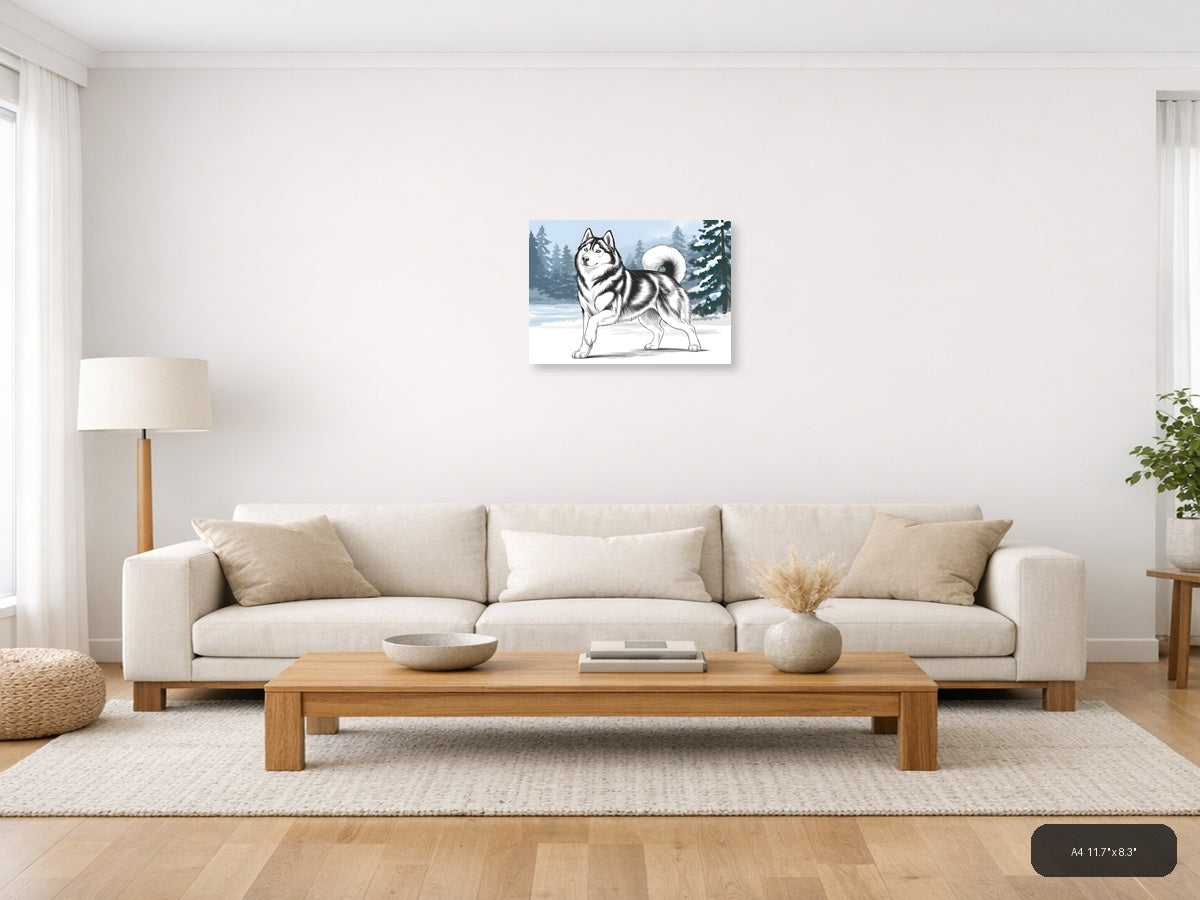 Husky Dog Line Art Winter Forest Landscape Wall Art — A4 / Living Room
