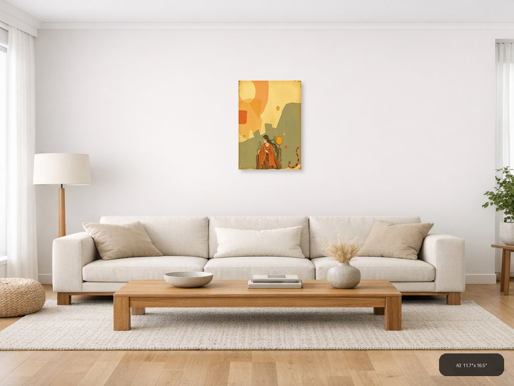 Woman with Clock Vintage Landscape Wall Art — A3 / Living Room