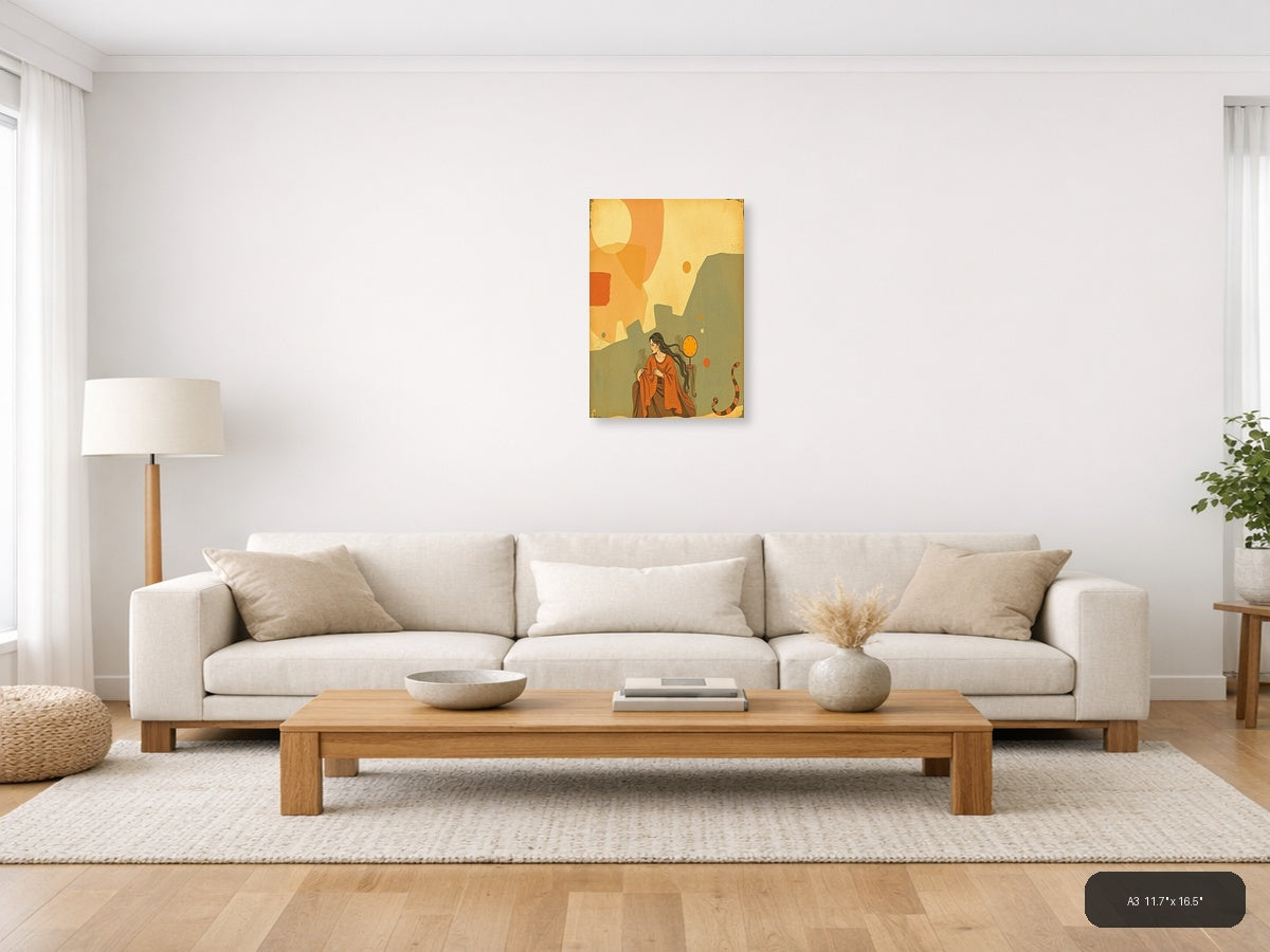 Woman with Clock Vintage Landscape Wall Art — A3 / Living Room