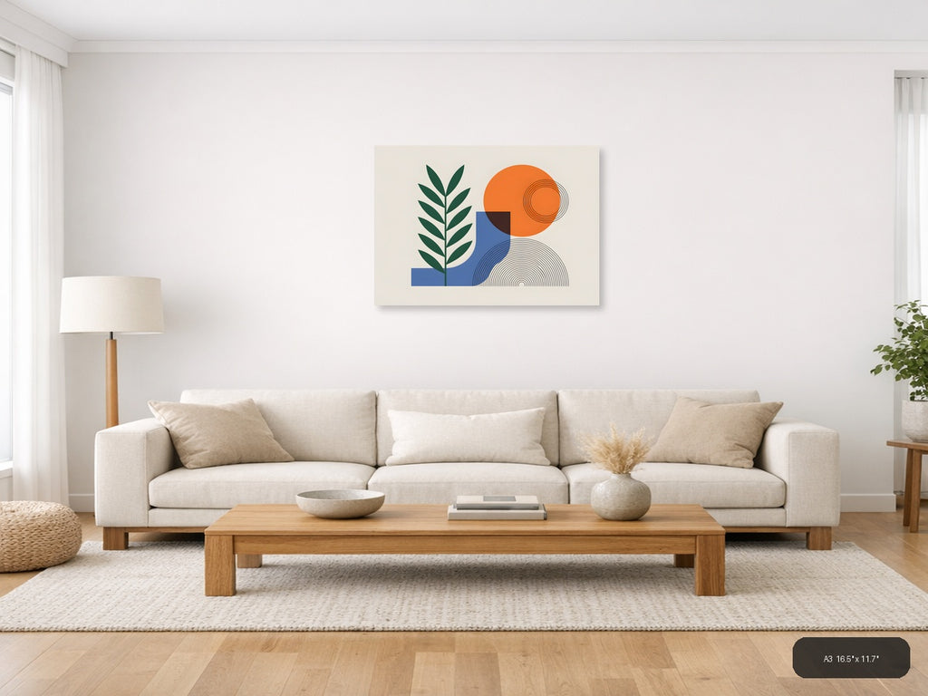 Abstract Botanical Line Art with Geometric Shapes Wall Art — A3 / Living Room
