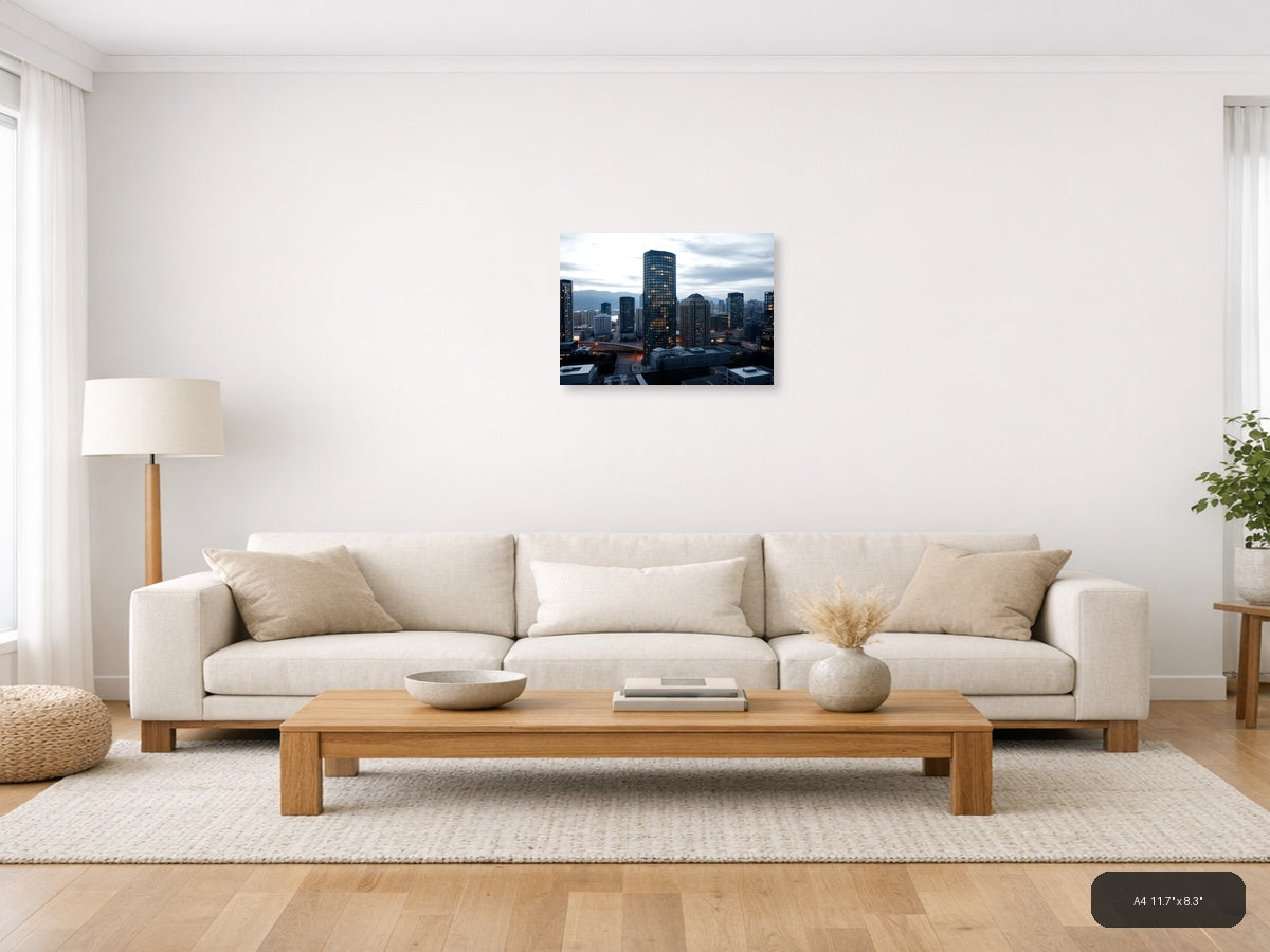 Urban Skyline at Dusk with Glowing Windows | Modern City Wall Art — A4 (Living Room)