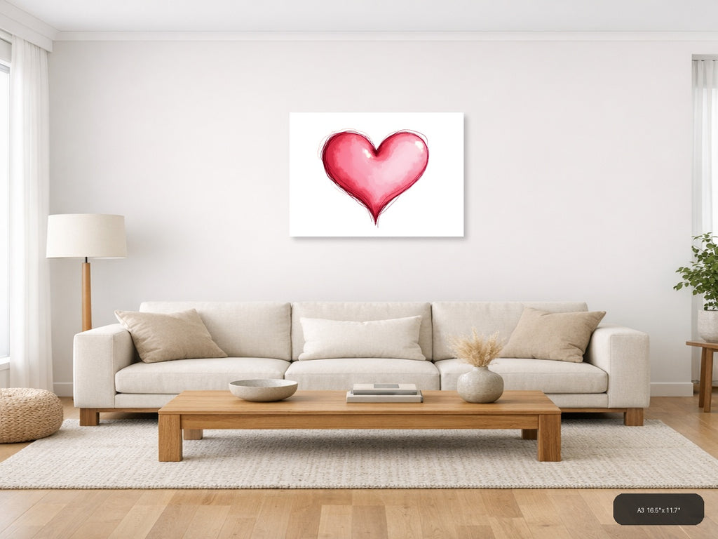 Pink Watercolor Heart Line Art Wall Art — A3 / Living Room