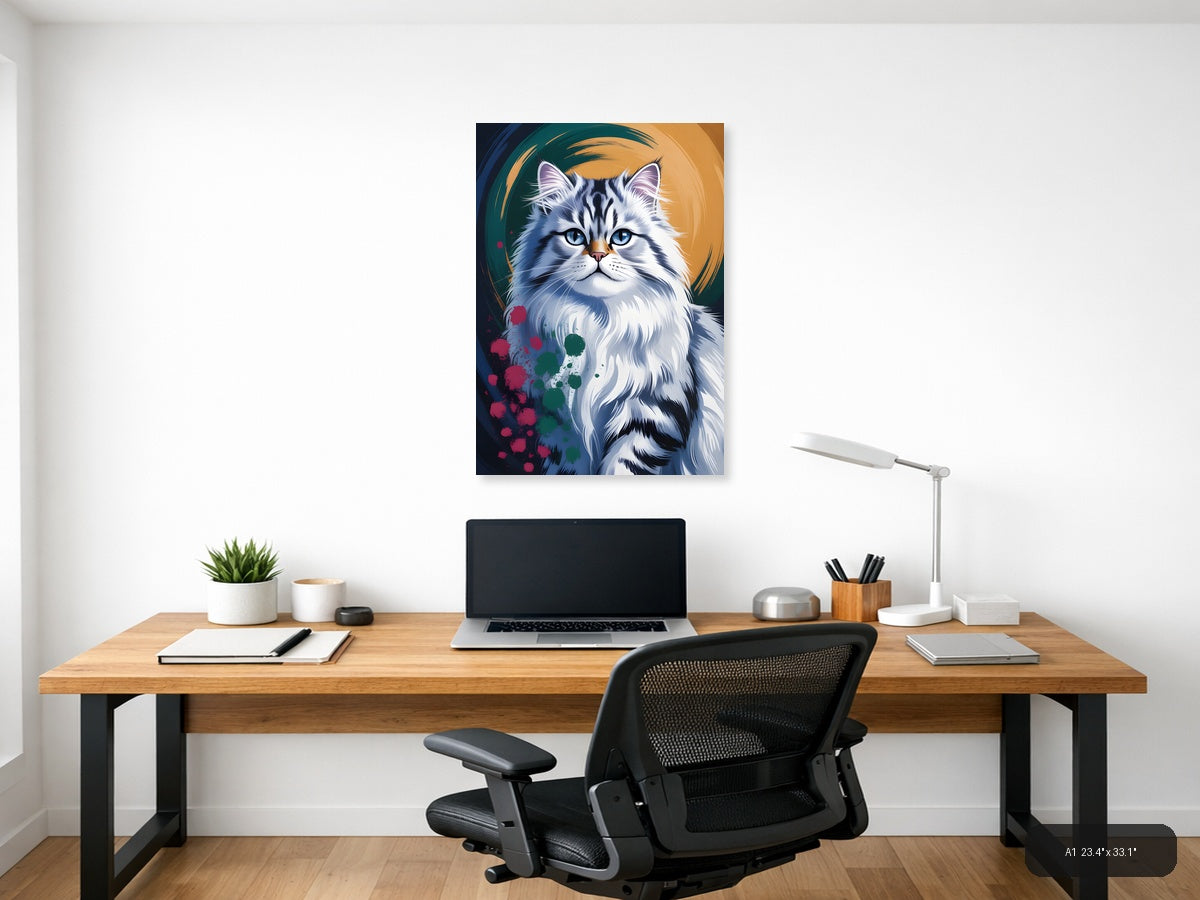 Blue-Eyed White Cat Abstract Portrait Wall Art — A1 / Office