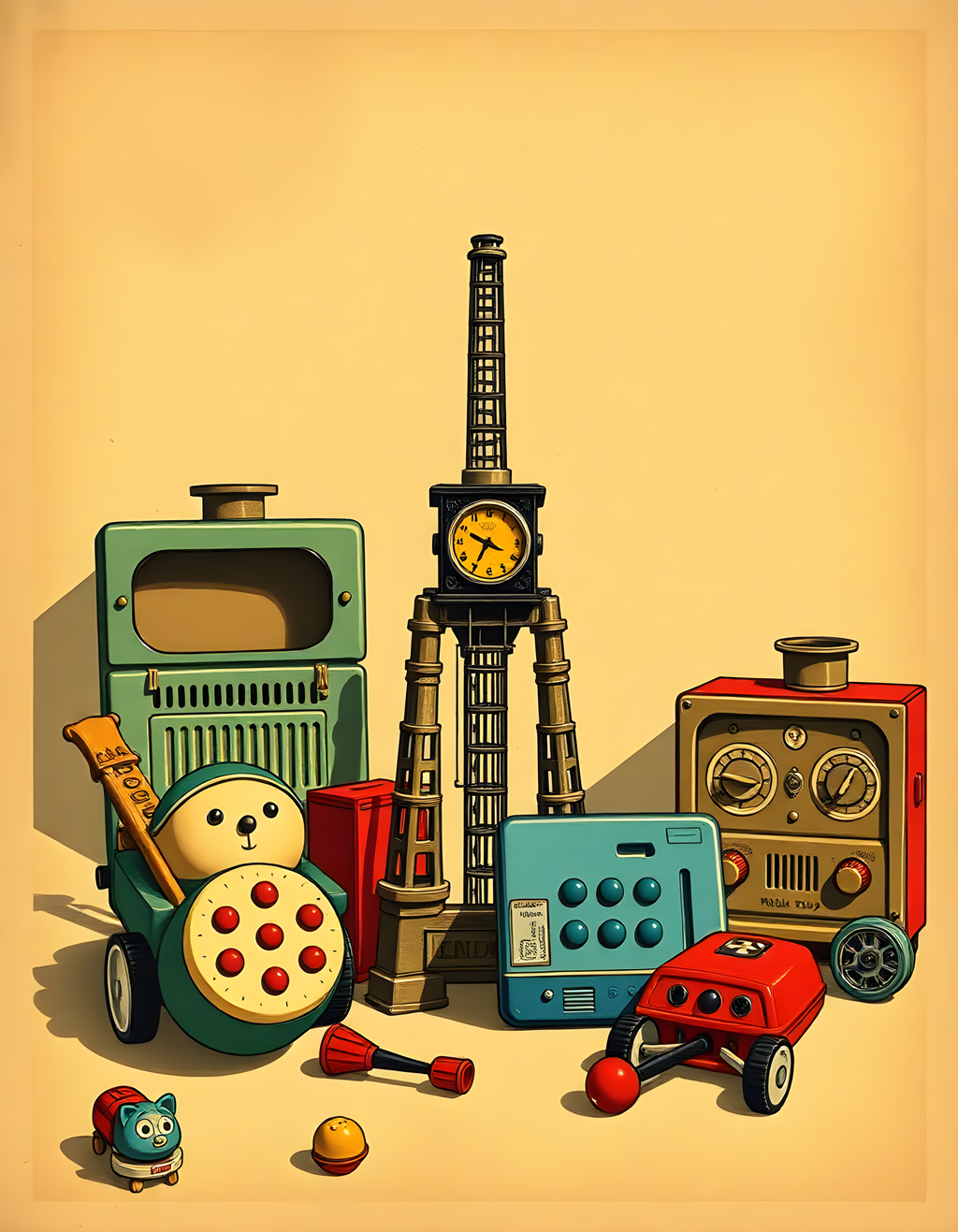 Vintage Toys & Clock Tower Retro Illustration Wall Art