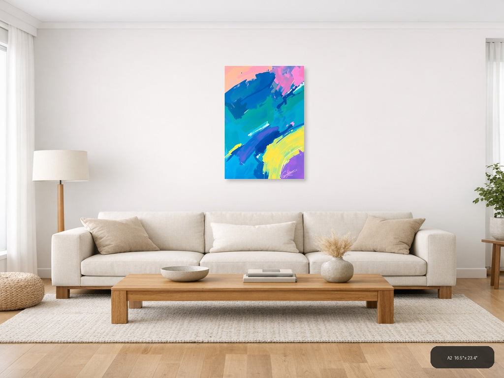 Vibrant Abstract Brushstrokes Neon Blue Pink Yellow Wall Art — A2 / Living Room