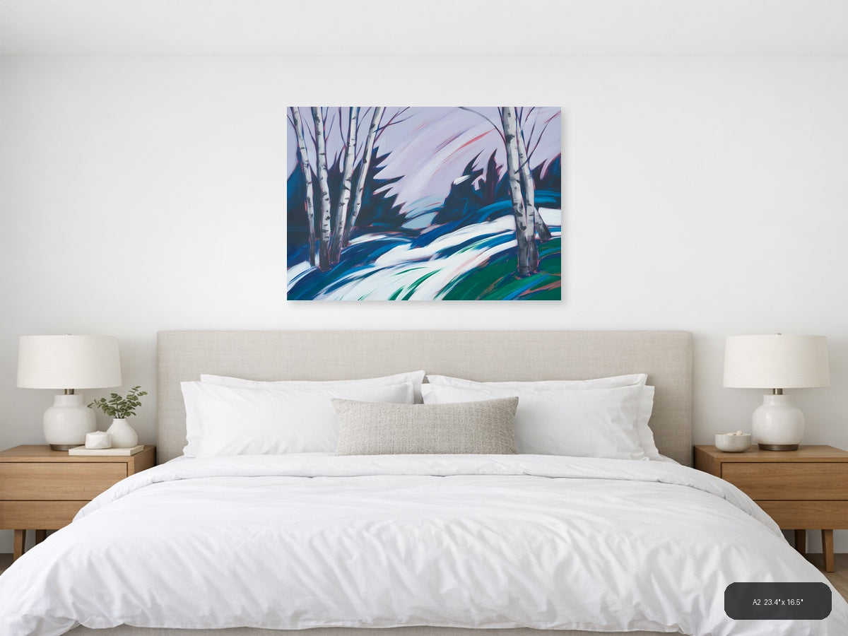 Abstract Winter Birch Trees Snow Landscape Wall Art — A2 / Bedroom