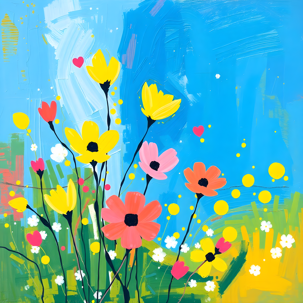 Colorful Abstract Wildflower Garden Blue Sky Wall Art