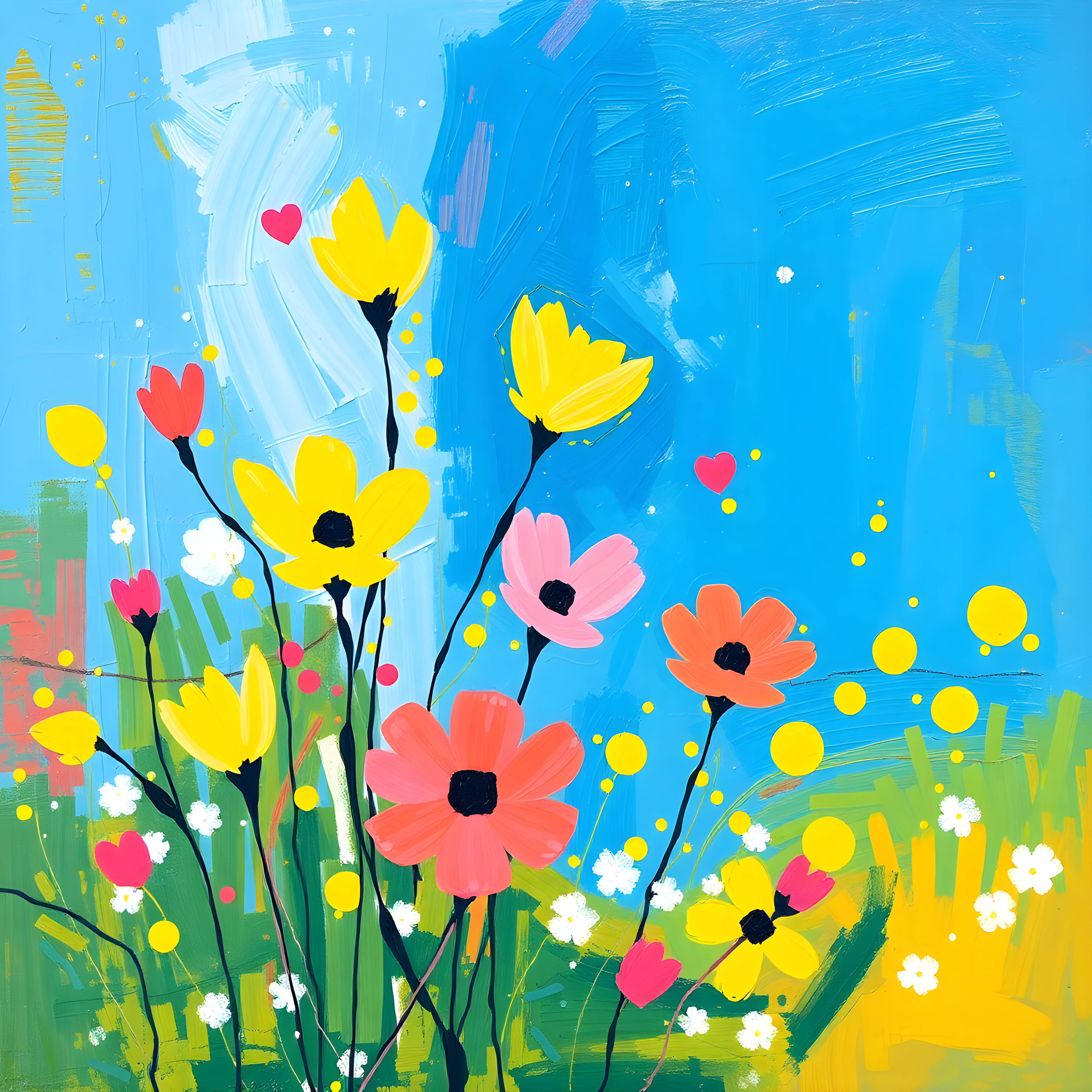 Colorful Abstract Wildflower Garden Blue Sky Wall Art
