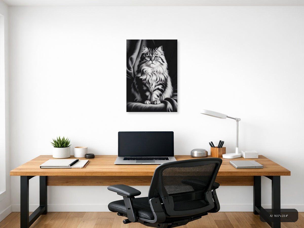 Fluffy Long-Haired Tabby Cat Portrait Photography Wall Art — A2 / Office