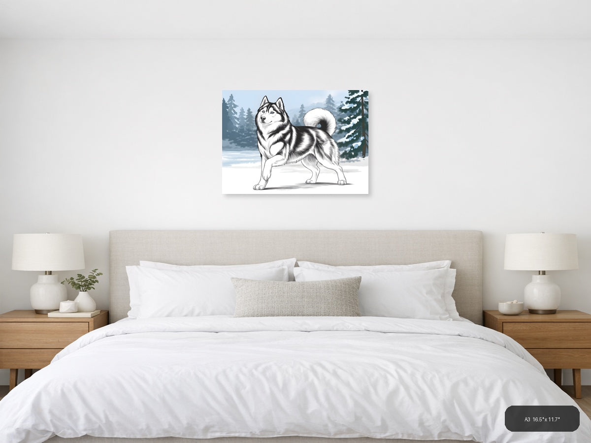 Husky Dog Line Art Winter Forest Landscape Wall Art — A3 / Bedroom