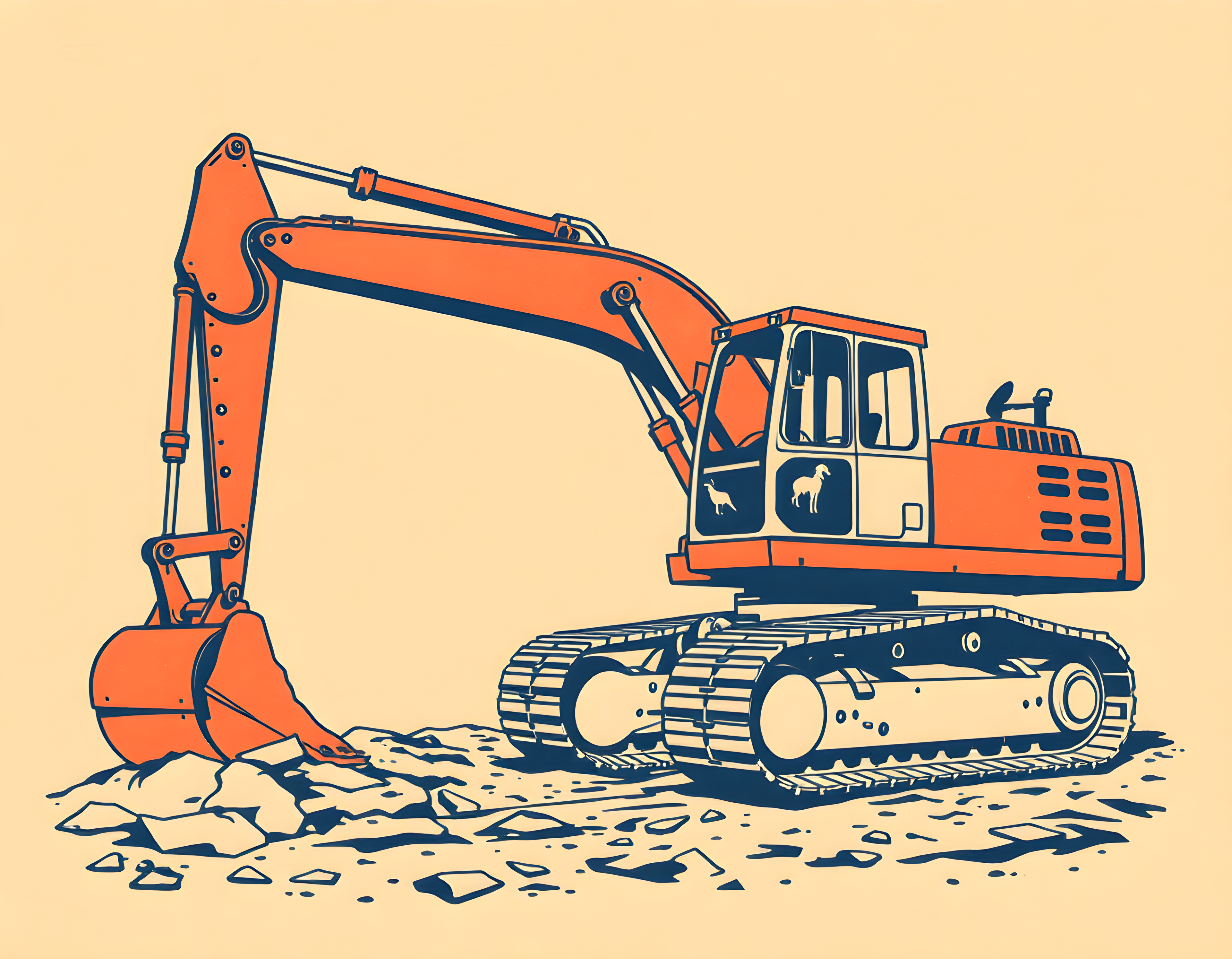 Vintage Orange Excavator Construction Wall Art